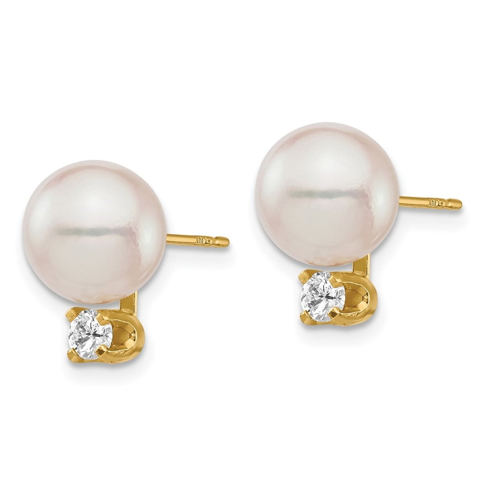Auriga Fine Jewelry 14K Yellow Gold White Round Saltwater Akoya Cultured Pearl Diamond Stud Earrings for Women (L- 0.36 inch, W- 0.36 inch)