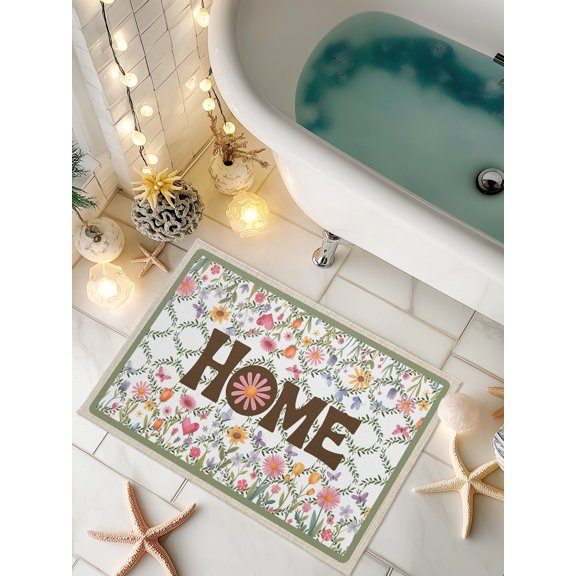 Doormat Wildflowers Leaves Wreath Front Door Mat Non Slip Absorbent Low Profile Floor Mat Floral Border Home Welcome Mats Entryway Rug for Entrance Kitchen Porch Indoor Outdoor Home Decor 16"x24"
