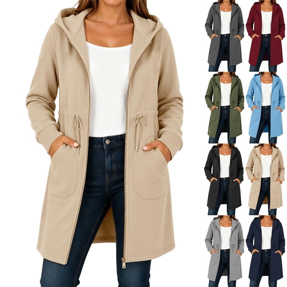 VBVC Women's Long Hooded Zip Up Sweatshirt , Casual Drawstring Waist Coat For Women , Ladies' Fall Midi Outerwear with Pockets, Khaki , S-2XL
