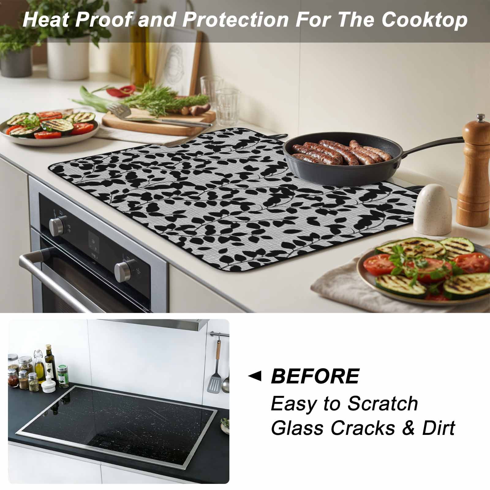 Grey Black Botanical Stove Top Cover for Electric Stove, Heat-proof & Non Slip Glass Top Stove Cover Protector, Pastoral Spring Floral Summer Art Kitchen Flat Cooktop Rubber Mat 36x21 Inches