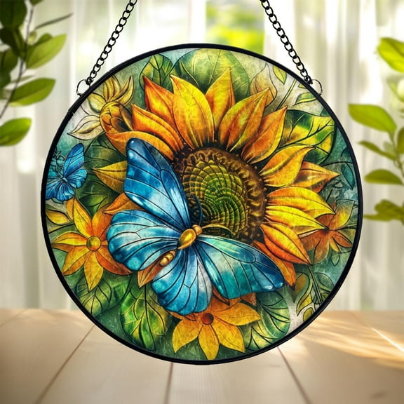 Sunflower Butterfly Suncatcher, Stained Glass Style Acrylic Window Hanging, Colorful Garden Decor Ornament