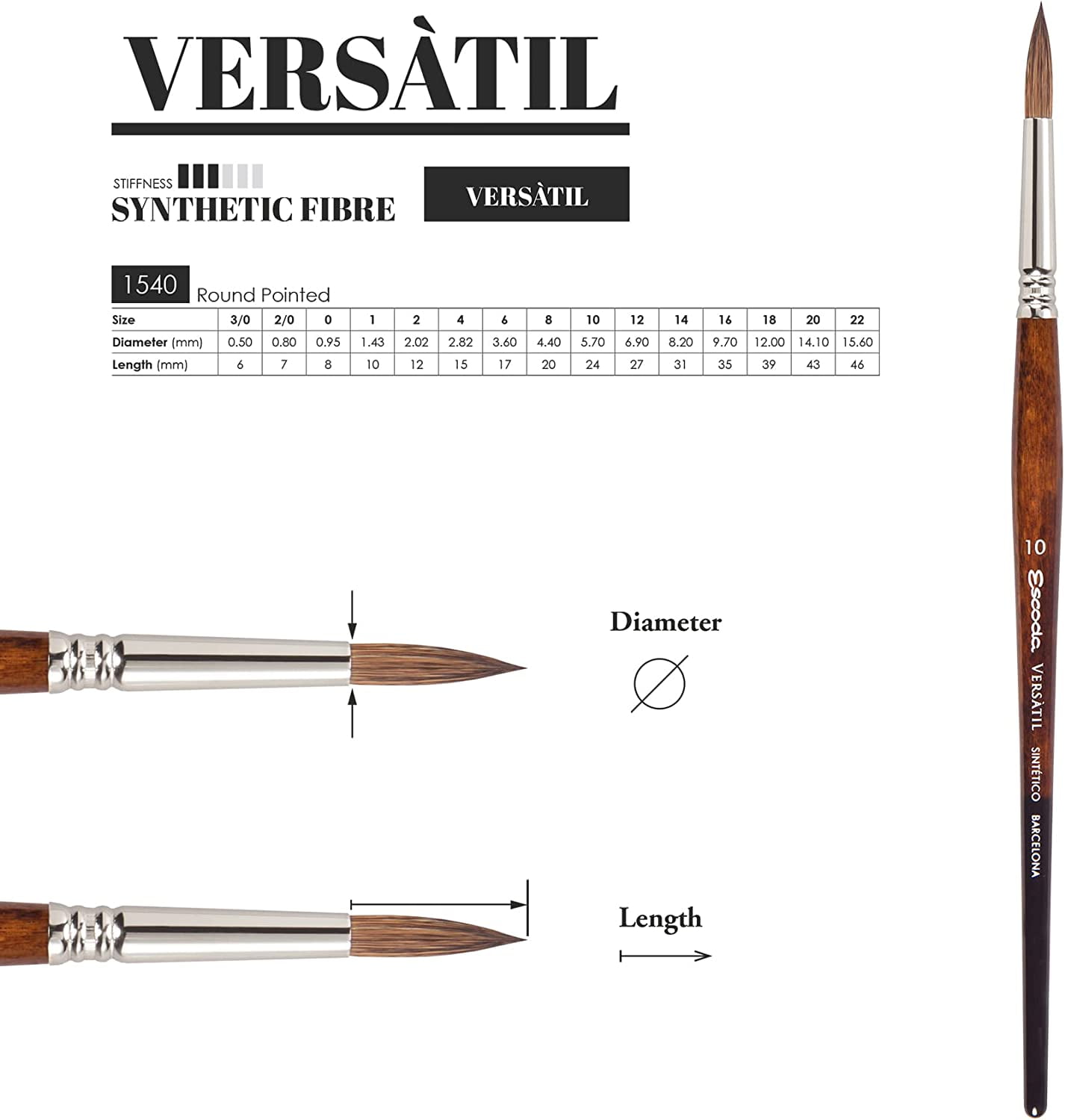 Escoda Versatil Brush - Pointed Round, Size 18, Short Handle
