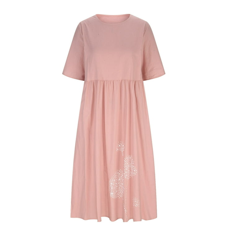 Womens Cotton Linen Midi Dress Plus Size Short Sleeve Summer Casual Dresses  for Women Lightweight Ruched Hide Belly (XX-Large, Pink) - Walmart.com