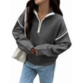 thumbnail image 2 of Womens Quarter Zip Pullover Sweaters Casual Collared V Neck Color Block Long Sleeve Loose Knit Fall Sweater Dark Gray XL, 2 of 8