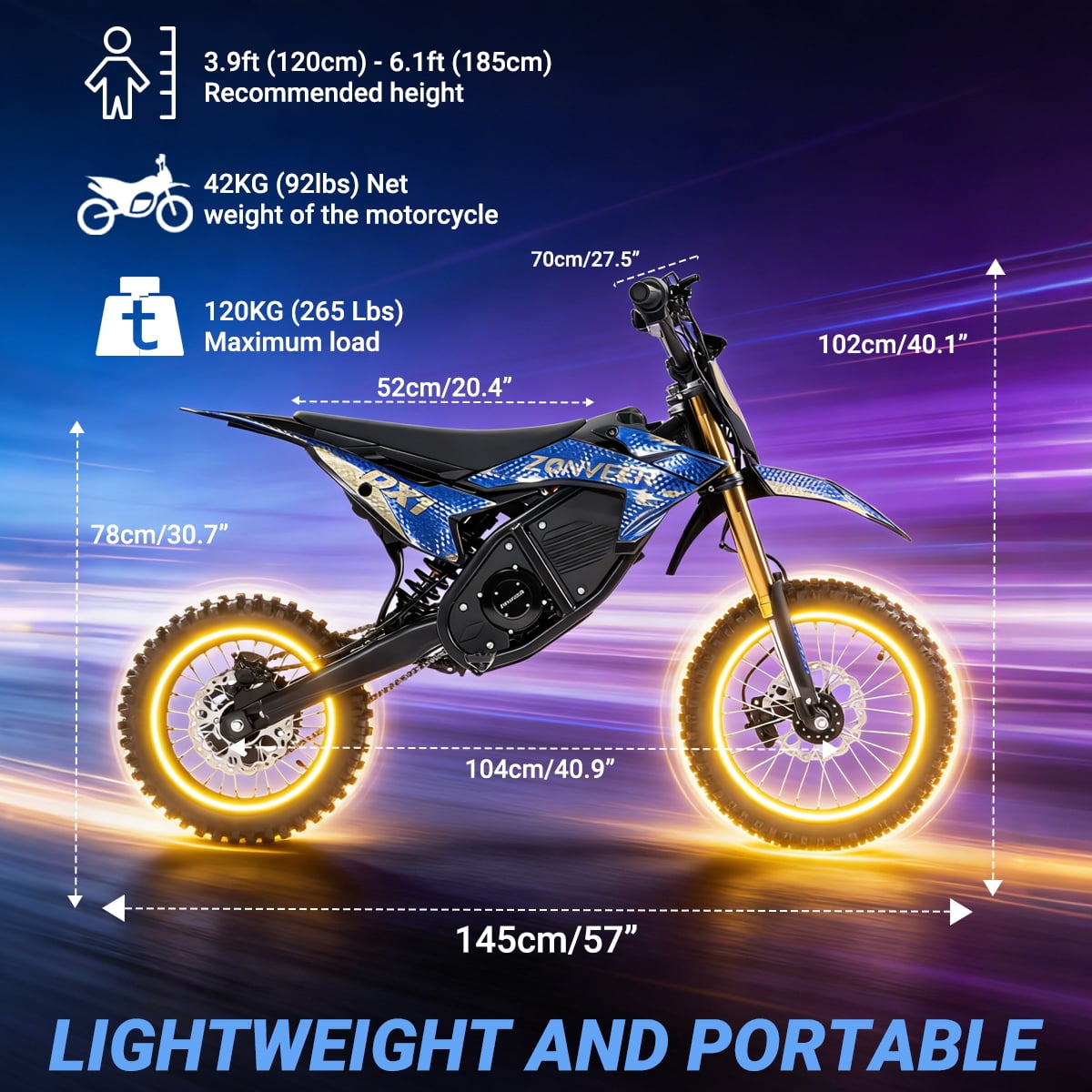 Zonveer DX1 Electric Dirt Bike for Adults Teens,3000W Peak Power,48V 20.8Ah Battery,40MPH Motorized Electric Mountain Bikes,14"/12" off-Road Tire E-Bike,Hydraulic Front Fork,UL2849