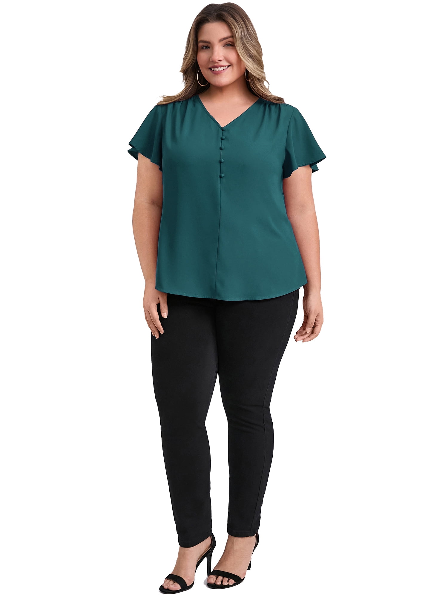 DARING DIVA Women's Plus Ruffle Sleeve V Neck Button Decor Blouse 4X Teal