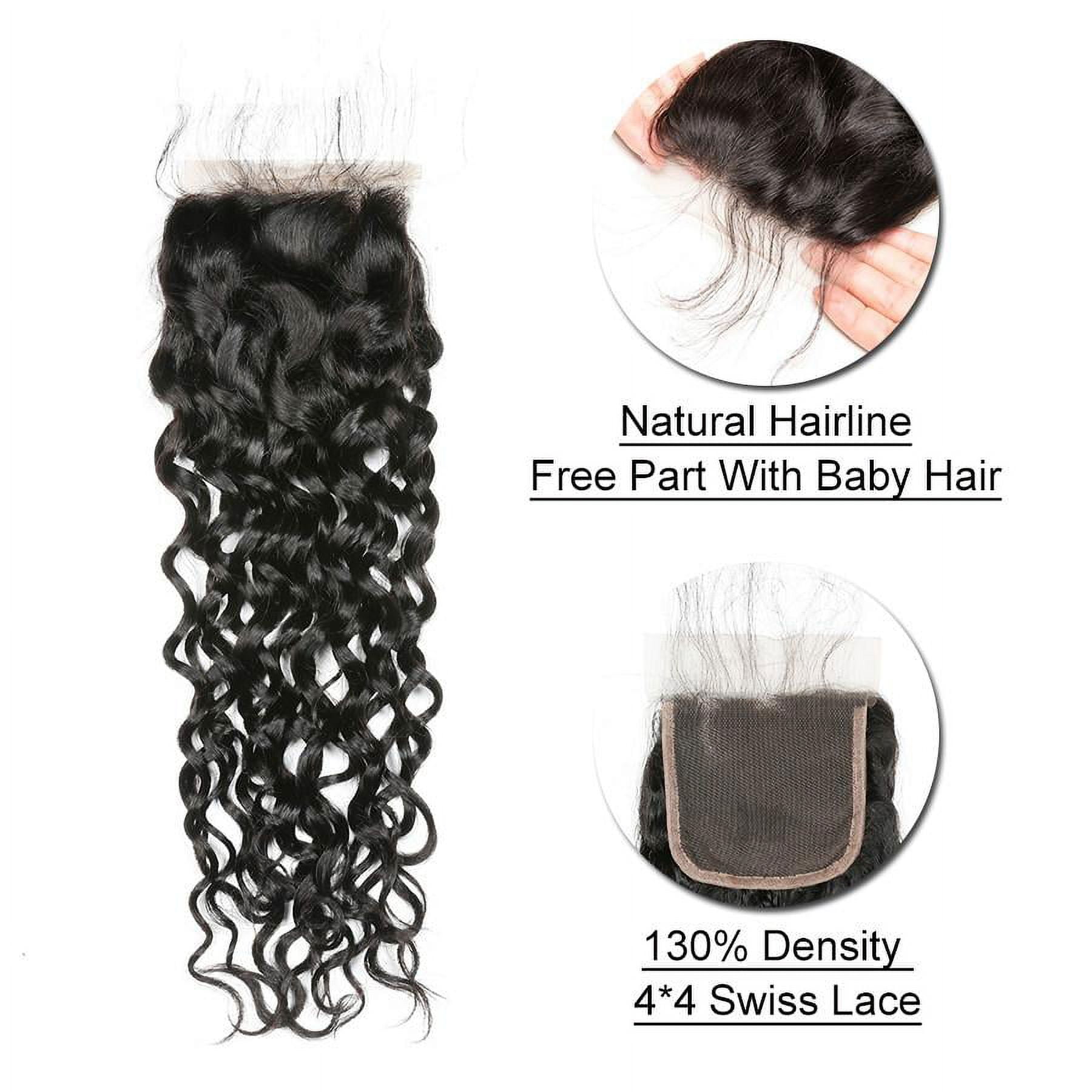 Ustar Brazilian Virgin Human Hair Water Wave 3 Bundles with 4"x4" Lace Closure with Baby Hair Free Part 1B Natural Wave