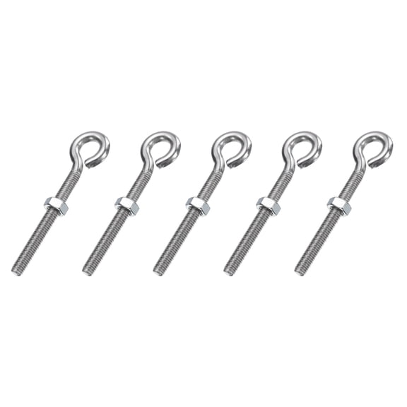 Uxcell 5 Pack Eye Bolts, M6 x 53mm 304 Stainless Steel Threaded EyeBolt Silver Eye Hooks with Nut for Hanging or Securing Cables