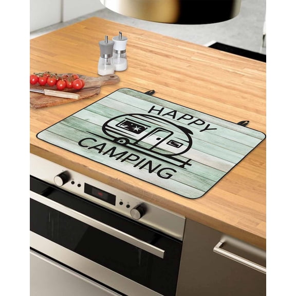 Large Induction Cooktop Protector Mat Camping Car Stove Top Covers for Electric Stove, Farmhouse Cabin Retro Green Wooden Grain Decorative Stove Burner Cover Mats, Glass Top Stove Cover