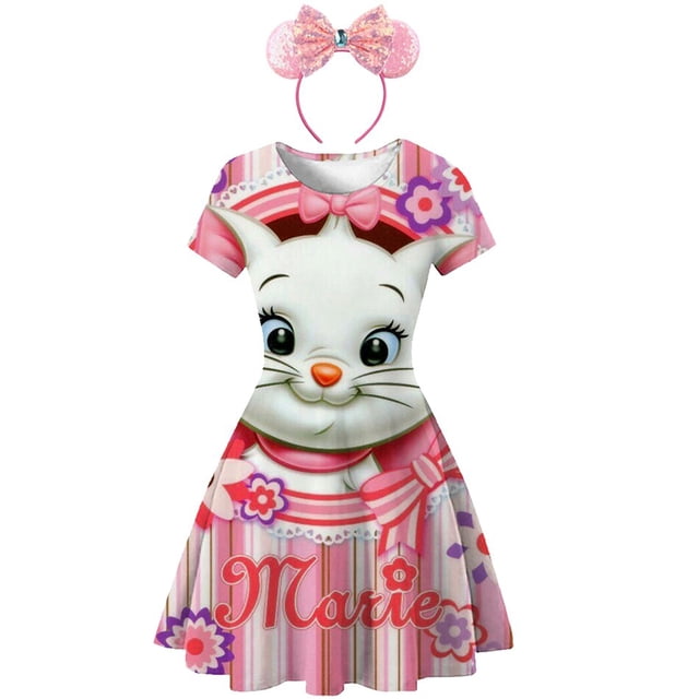 Vestido de verano con estampado de gato Marie de dibujos animados de Disney para niñas, Vestidos de princesa de manga corta, fiesta de cumpleaños, disfraz informal para niños, Vestidos 4T (Tag120) Gao Jinjia LED