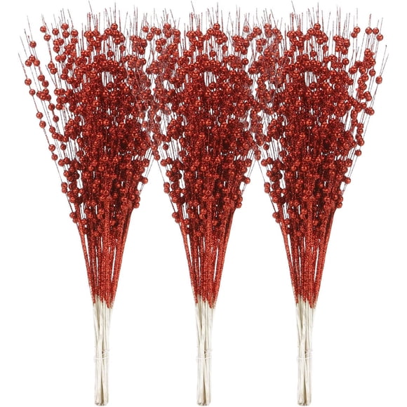 24-Pack Artificial Glitter Berry Stem Ornaments, Decorative Bead Sticks, Glittery Twigs, Picks, Branches for Christmas Tree, Small Vase, Holiday, Wedding, Party (15 Inches)