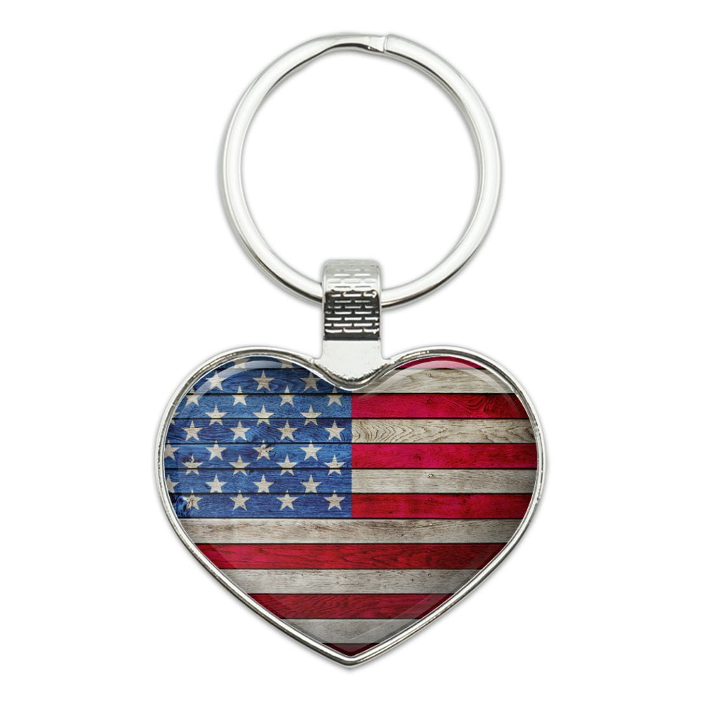 Rustic American Flag Wood Grain Design Heart Love Metal Keychain Key Chain Ring 