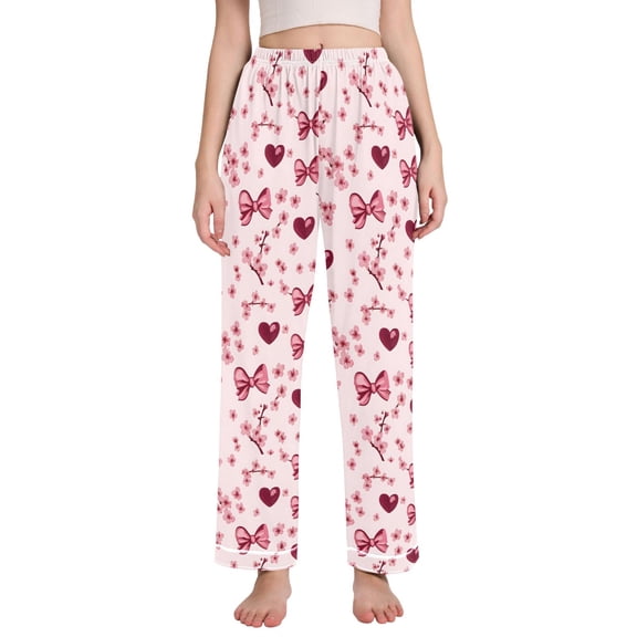 joogoo Women Cherry Flower Bows Pajamas Pants Lounge Bottoms Pjs with Pockets M