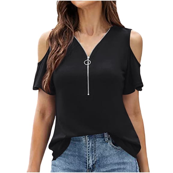 Jewelreauty Plus Size Tunic Tops for Women Casual Cold Shoulder Half Zipper Tees Summer Short Sleeve Tshirts (S, Black)