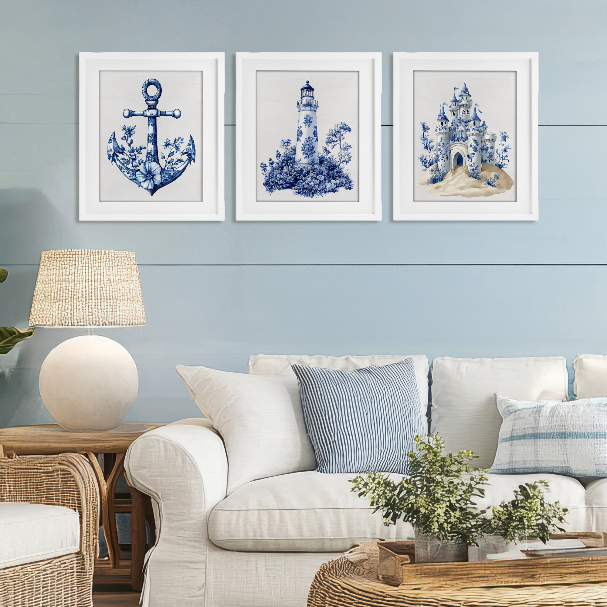 Ornate Nautical Toile Patterns 3 Piece White Framed Print Under Glass Set, design by Lettered and Lined
