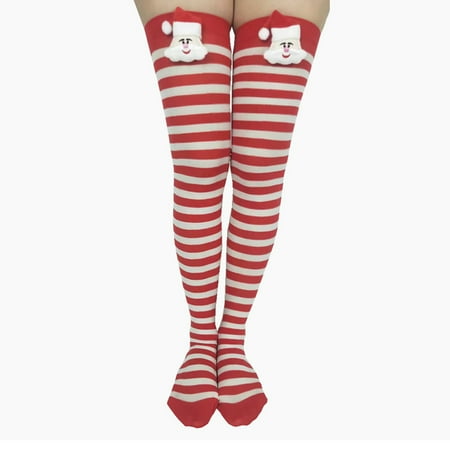 

JULYING Women Christmas Striped Thigh High Stockings with Santa Claus Bow Red Green Over Knee Long Socks Halloween Hosiery