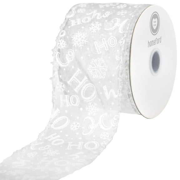 Homeford Christmas Ho Ho Ho Organza Fuzzy Edge Wired Ribbon, White, 2-1/2-inch, 10-yard