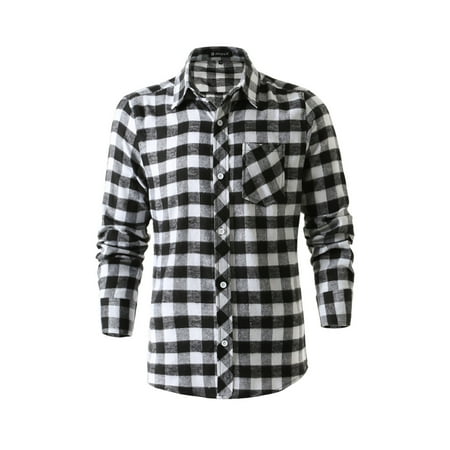 Men's Long Sleeve Button Down Check Pattern Pocket Slim Fit