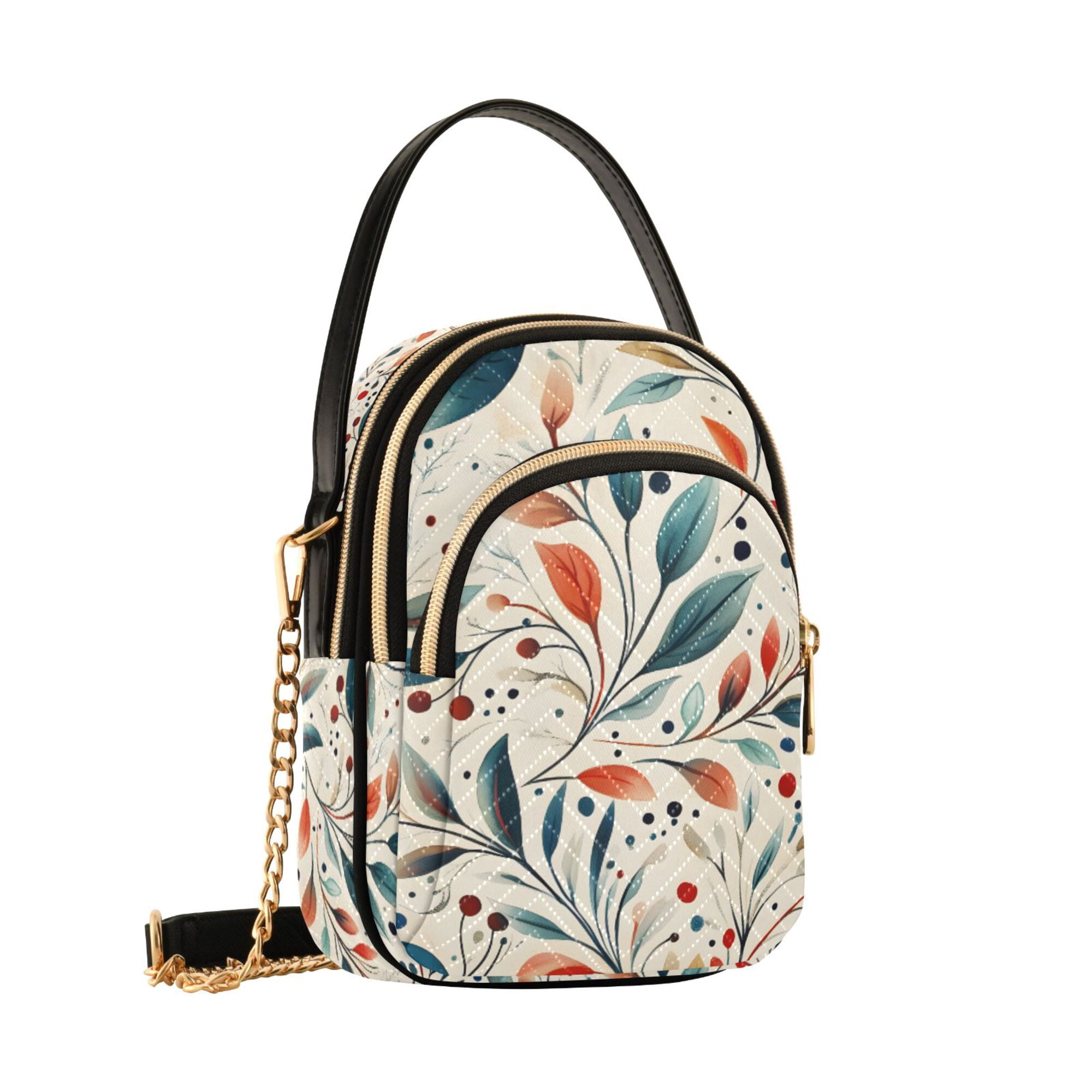 FORMRS Crossbody Bag for Women Quilted Travel Shoulder Cell Phone Purse with Chain Strap Handbag, Beige Whimsical Leaves