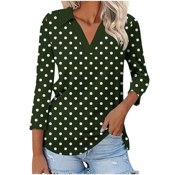 OKSALE 3/4 Length Sleeve Womens Tops Dressy Casual V Neck Shirts Fall 2025 Clothes Elegant Polka Dot Print Blouses Loose Fit Work office T Shirt