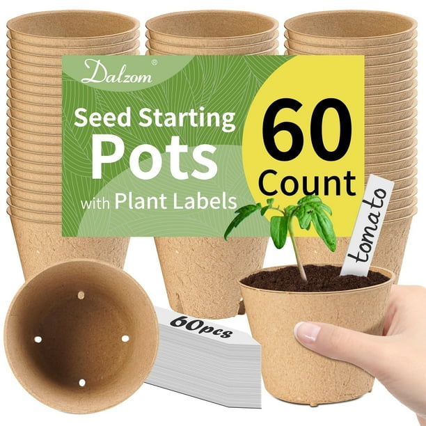 Macetas de turba Dalzom de 4 pulgadas y 60 unidades con etiquetas para plantas biodegradables