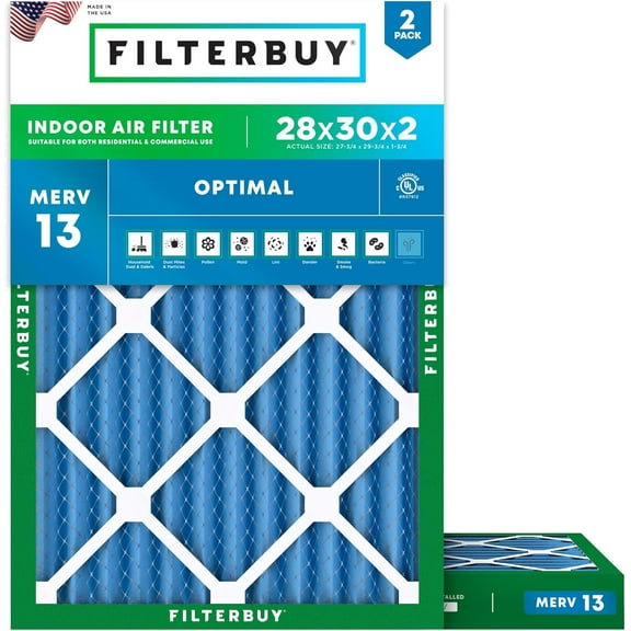Filterbuy 28x30x2 Air Filter MERV 13 Smoke Defense, Pleated HVAC AC Furnace Filter Replacement, 2-Pack