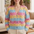 thumbnail image 2 of Womens Striped Cardigan Sweaters Fall Trendy Coats Color Block,Loose Fit,V Neck,Open Front Cardigan,Lantern Sleeve,Fall Winter, Casual Daily Wear, 2 of 6