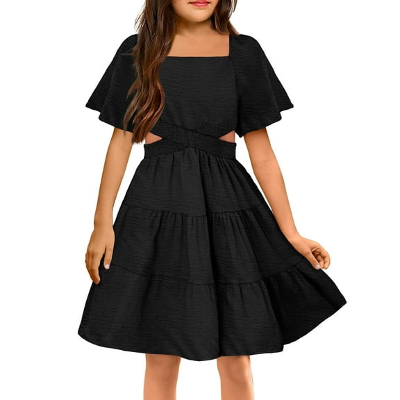 Arshiner Girls Dresses Square Neck Cut Out Shirred Ruffle Hem Funeral Semi Formal