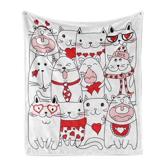 Cats Soft Flannel Fleece Throw Blanket, Kittens in Costumes Along Heart Motifs Pattern Cat Lover Design Hand Drawn Like, Cozy Plush for Indoor and Outdoor Use, 50" x 70", Rose Vermilion, by Ambesonne
