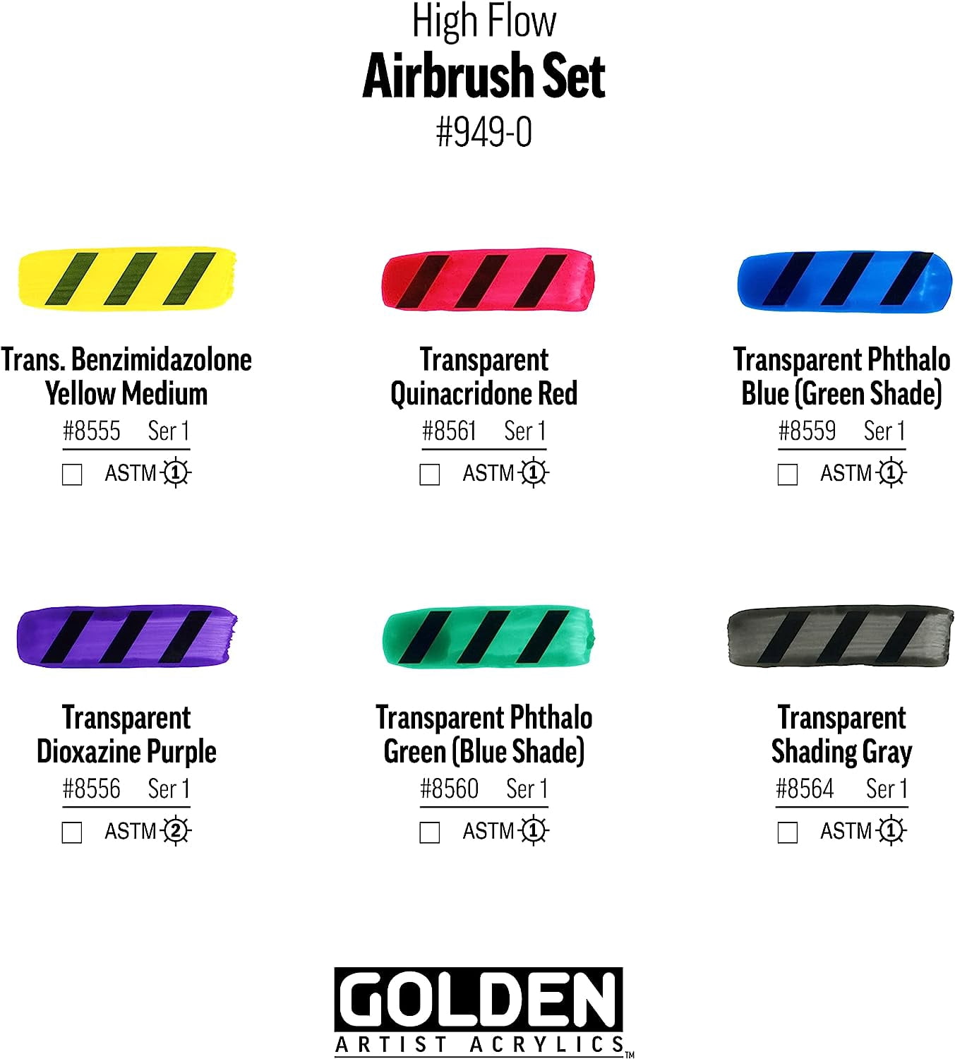 Golden High Flow Acrylic Set, 6-Color High Flow Airbrush Set
