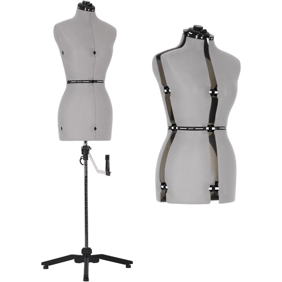 FDW Female Mannequin Body Dress Form Sewing Mannequin Torso Manikin Adjustment to Waist & Hips & Neck & Back Length with Tripod Base Stand for Sewing Clothes Display (Grey, 38.6-63.2 Inches)