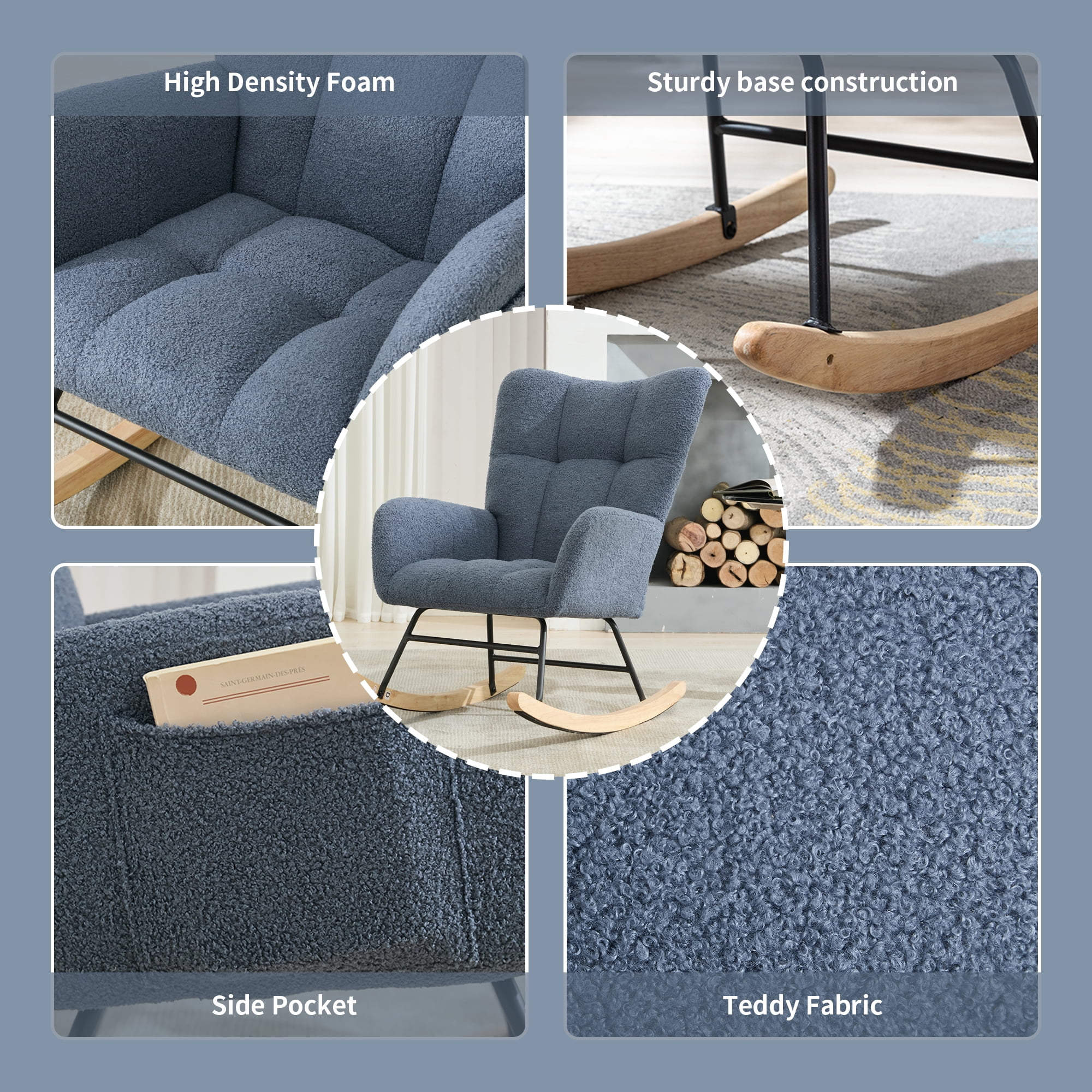 Leumius Rocking Chair Nursery,Teddy Upholstered Glider Rocker with High Backrest,Modern Rocking Accent Chairs Glider Recliner for Living Room, Nursery, Bedroom,Navy