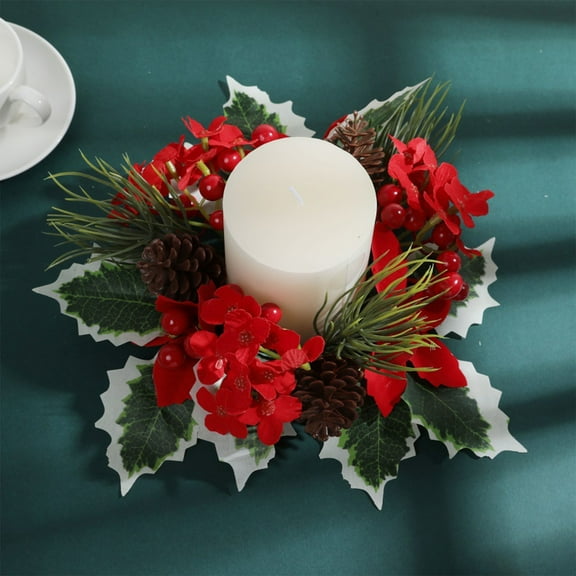Fasiaou 1 Counts Christmas Candle Wreath with Red Berries and Pine Needles Artificial Greenery Table Centerpiece for Holiday Decor Festive Mantel Wall Durable Plastic Christmas Home Decor