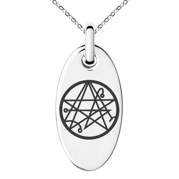 Stainless Steel Necronomicon Talisman Rune Engraved Small Oval Charm Pendant Necklace