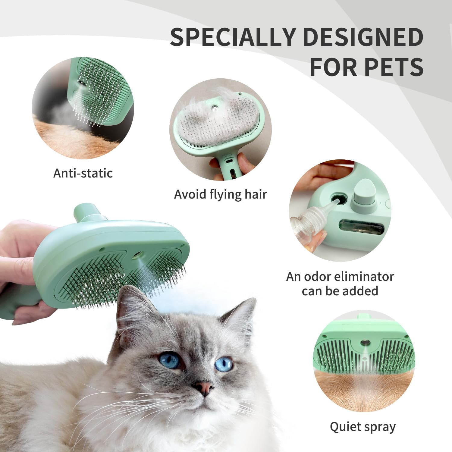 Cat Steam Brush for Shedding, 3-in-1 Self-Cleaning Grooming Comb for Long & Short Hair Cats & Dogs, Type-C Fast Charging (White)
