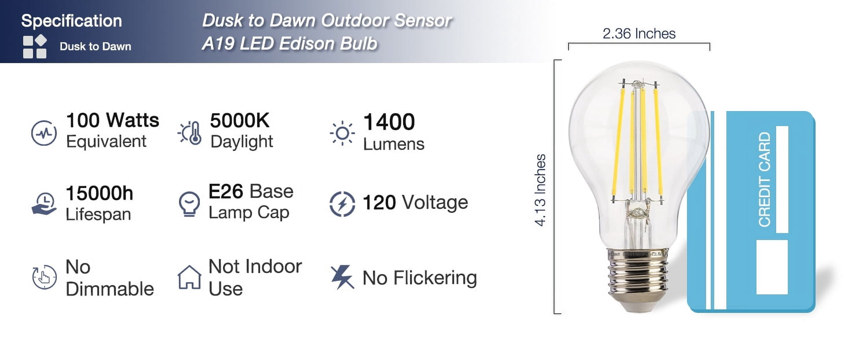 Jaspertronics Dusk to Dawn Outdoor Sensor A19 LED Bulb 5000K Daylight 8W 1400LM Vintage Filament E26 Base Auto On/Off Photocell Auto 4 Unit per pack