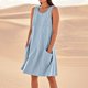 thumbnail image 2 of Vestido de Lino de Algodón de Color Sólido Vestido de Ajuste Suelto sin Mangas con Bolsillos, Ropa de Verano de Lino de Algodón para la Playa Y el Hogar, 2 of 9