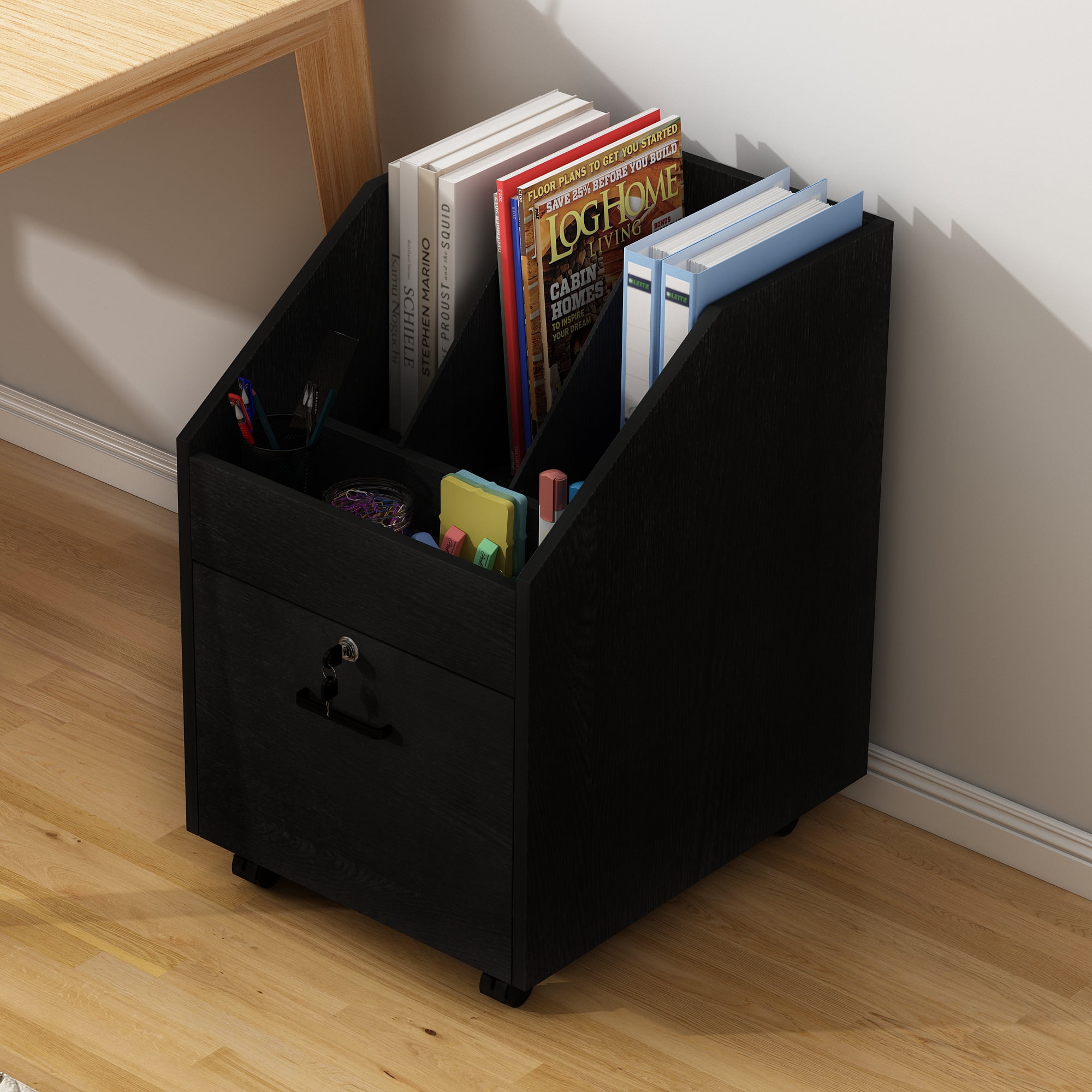 NAIYUFA Mobile File Cabinet with drawers,lock,Rolling Filing Cabinet Wood Storage Shelf for Office Study Room,Black