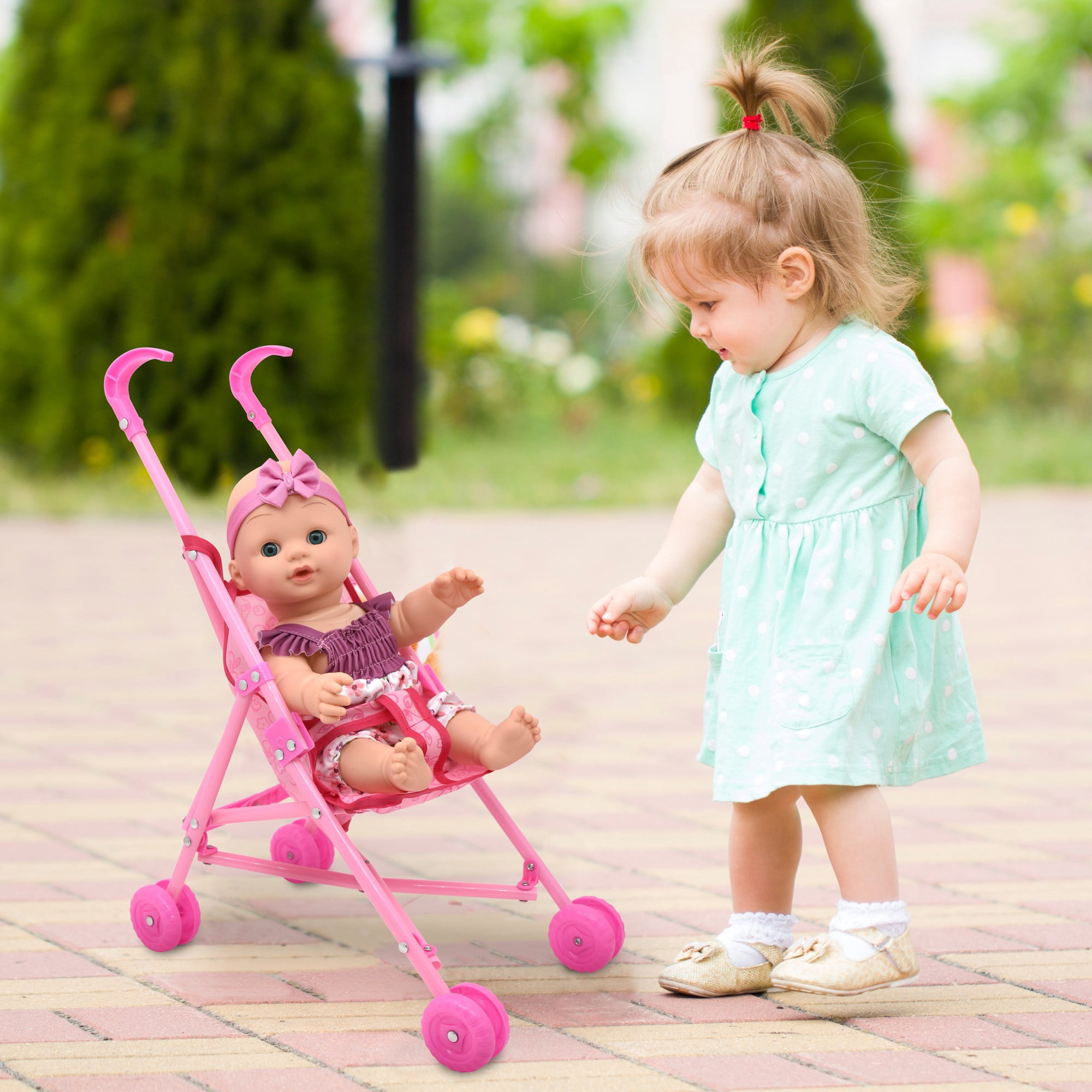 Little Darlings: Out For A Stroll - Cupcake Lollipop Pink & Blue Outfit - 12" Baby Doll & Foldable Toy Stroller, Soft Body, Treats Design, Kids Age 3+