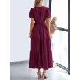 thumbnail image 2 of Burgundy Women Short Sleeve Maxi Dress High Waist Tiered A-Line Boho Flowy Beach Vacation Dress, 2 of 6