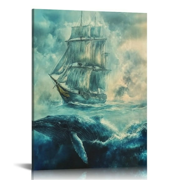SHERONV Whale Ship Ocean Fine Art Aesthetic Poster & Print Wall Painting for Home Office Wall Decor - Ready to Hang Canvas Living Room Bedroom Decor 12x16 in