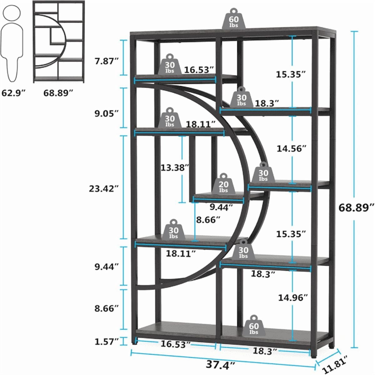 9-Tier Etagere Bookcase, Black Metal Frame with Rustic Gray Boards, Half-Moon Silhouette, Industrial Style for Living Room/Home Office