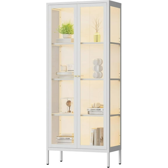 Tempered Glass Display Cabinet with LED Lights, Tall Curio Cabinet with Side Glass, White Lighted Display Case for Collectibles, Assemble Required