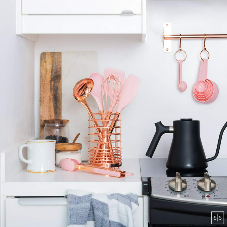 Pink and Gold Kitchen Utensils Set with Holder