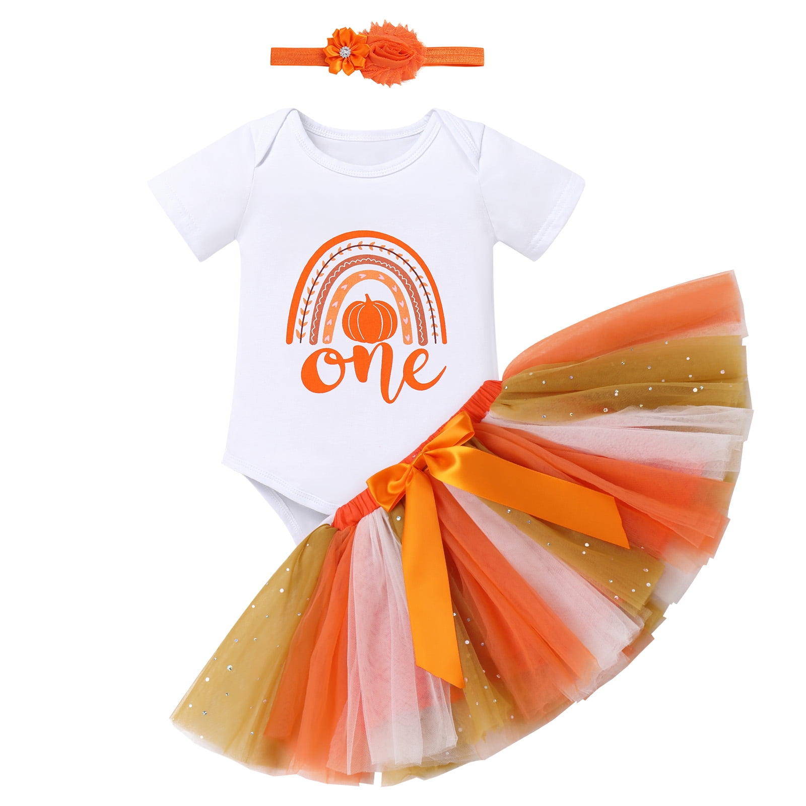 IBTOM CASTLE Toddler Baby Girls Pumpkin 1st Birthday Outfit Halloween Princess Romper + Tutu Skirt + Headband Clothes Set for Cake Smash Photo Shoot 12-18 Months Rainbow Pumpkin One