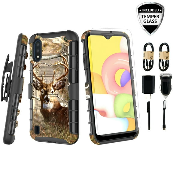 Value Pack ! for Samsung Galaxy A01 015 case Phone Case HD Glass Cover Screen Protector Clip Kickstand Holster Hybrid Shock Bumper (Deer)