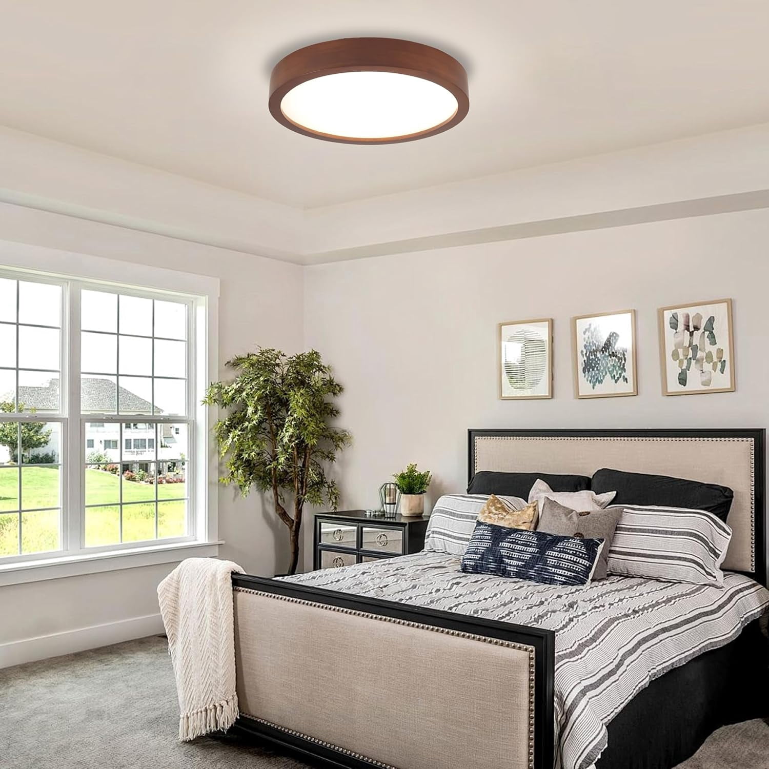 Modern Dimmable LED Ceiling Light with Wood Finish Flush Mount Fixture Adjustable 5CCT for Bedroom Kitchen Living Room Hallway 11.8 Inch