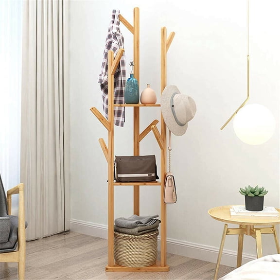 Coat Rack Stand with 3 Shelves Hall Tree Entryway Bedroom Garment Storage Holder