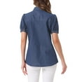 thumbnail image 3 of Camisa de mezclilla de mujer con cuello y manga corta, botón, tamaño S, azul profundo, 3 of 6
