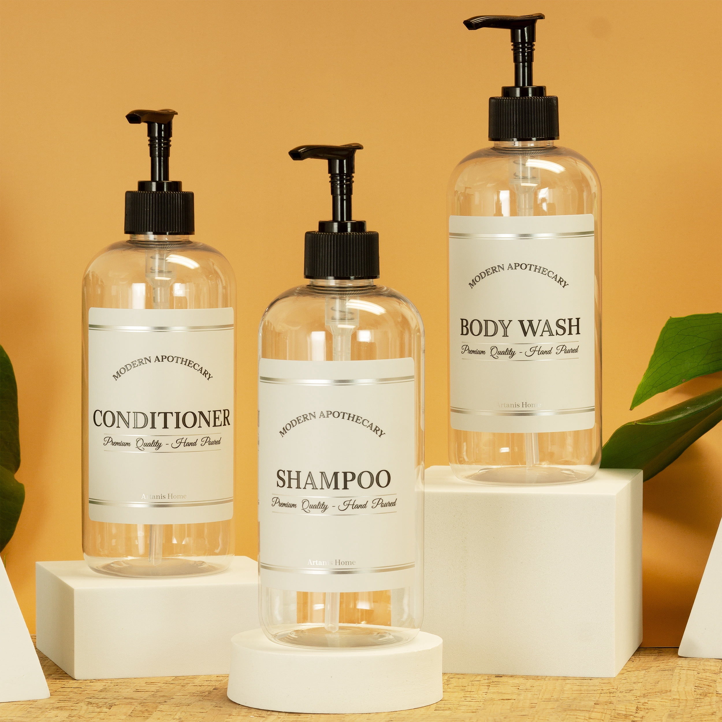 Artanis Home Clear Refillable Body Wash, Shampoo and Conditioner Bottles - PET Plastic Shampoo Bottles with Black Plastic Pumps and "Modern Apothecary" Labels- 16 oz, 3 Pack